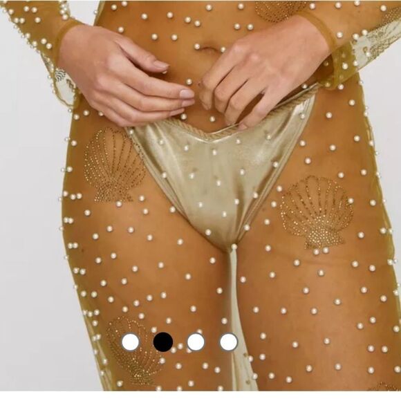 Nasty Gal gold shell pearl maxi beach dress coverup sheer small s - Picture 3 of 10